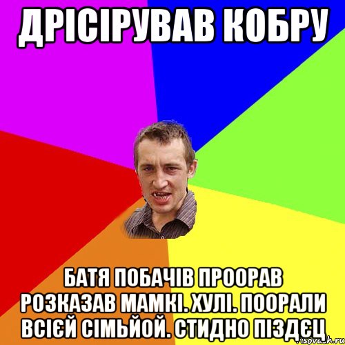 Дрісірував кобру батя побачів проорав розказав мамкі. хулі. поорали всієй сімьйой. стидно піздєц, Мем Чоткий паца