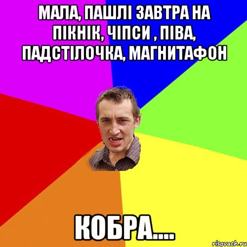 Мала, пашлі завтра на пікнік, чіпси , піва, падстілочка, магнитафон Кобра...., Мем Чоткий паца