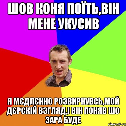 Шов коня поїть,він мене укусив Я мєдлєнно розвирнувсь,мой дєрскій взгляд,і він поняв шо зара буде, Мем Чоткий паца