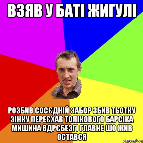 взяв у баті жигулі розбив сосєдній забор збив тьотку зінку переєхав толікового барсіка мишина вдрєбезгі главне шо жив остався, Мем Чоткий паца