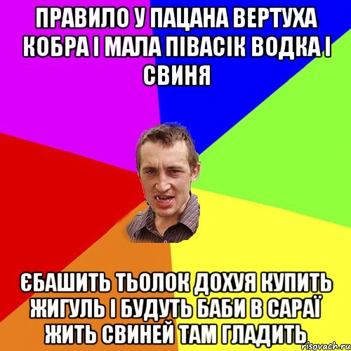 Правило у пацана Вертуха кобра і мала Півасік водка і свиня Єбашить тьолок дохуя Купить жигуль і будуть баби В сараї жить свиней там гладить, Мем Чоткий паца