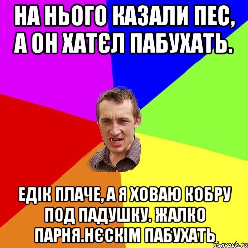 На нього казали Пес, а он хатєл пабухать. Едік плаче, а я ховаю кобру под падушку. Жалко парня.Нєскім пабухать, Мем Чоткий паца