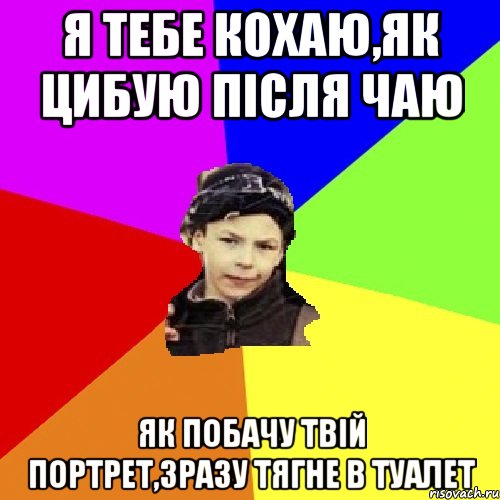 я тебе кохаю,як цибую після чаю як побачу твій портрет,зразу тягне в туалет, Мем пацан з дворка