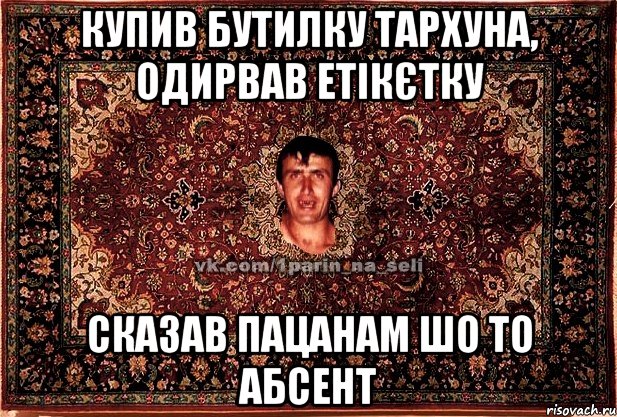 купив бутилку тархуна, одирвав етікєтку сказав пацанам шо то абсент, Мем Парнь на сел