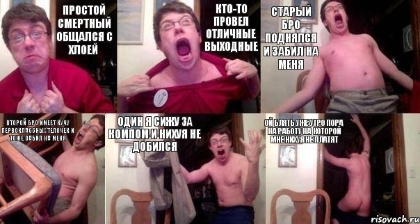 простой смертный общался с хлоей кто-то провел отличные выходные старый бро поднялся и забил на меня второй бро имеет кучу первоклассных телочек и тоже забил на меня один я сижу за компом и нихуя не добился ой блять уже утро пора на работу на которой мне нихуя не платят