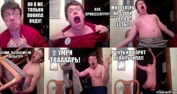 но я же только попила воду! как привеееес???? мне теперь на сухой голод сесть?? сукаа, ты подкрути весы !!?? умри тваааарь! Я чуть инфаркт не получила!!