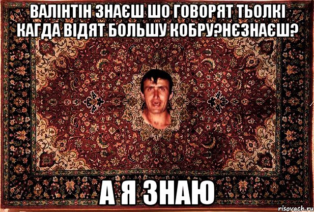 Валінтін знаєш шо говорят тьолкі кагда відят большу кобру?нєзнаєш? а я знаю, Мем Перший парнь на сел