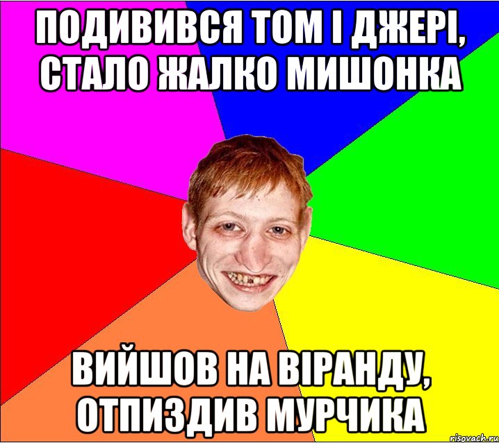 подивився том і джері, стало жалко мишонка вийшов на віранду, отпиздив мурчика, Мем Петро Бампер