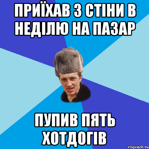 приїхав з Стіни в неділю на пазар пупив пять хотдогів, Мем Празднчний паца