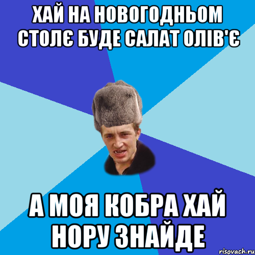 хай на новогодньом столє буде салат олів'є а моя кобра хай нору знайде, Мем Празднчний паца