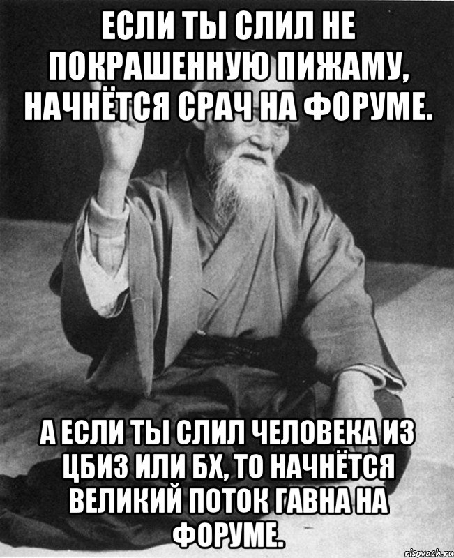 Если ты слил не покрашенную пижаму, начнётся срач на форуме. А если ты слил человека из ЦБиЗ или БХ, то начнётся великий поток гавна на форуме., Мем Монах-мудрец (сэнсей)