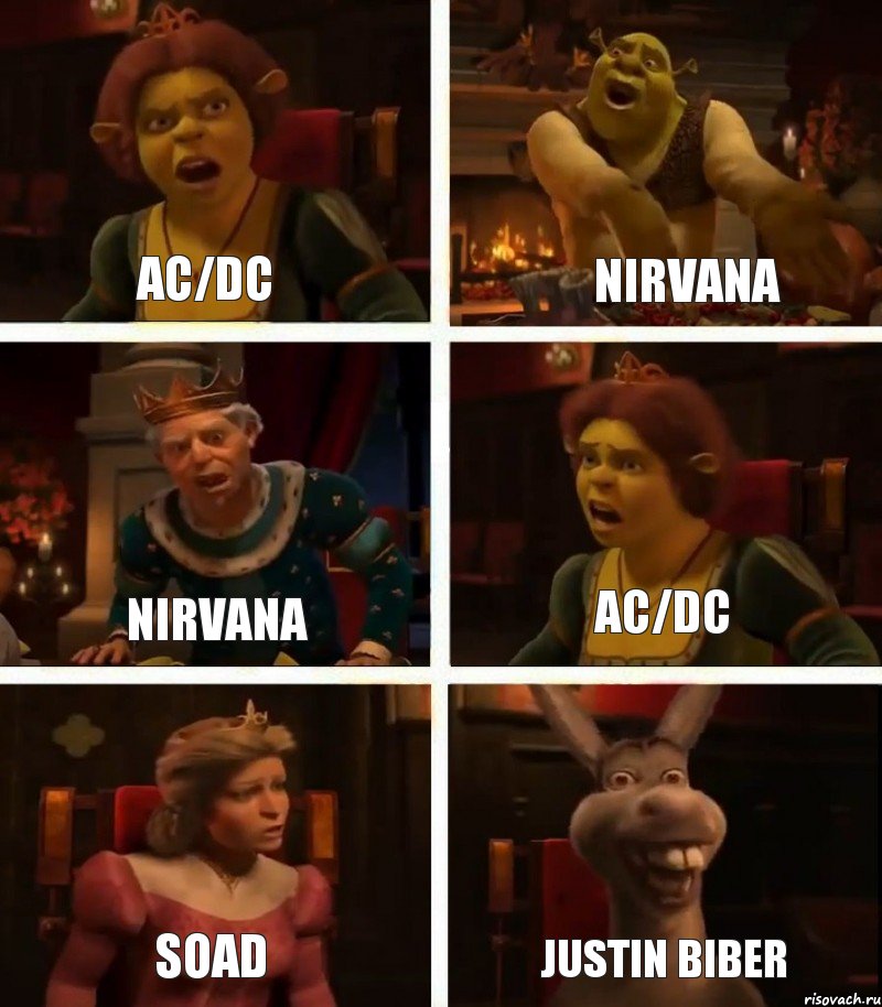 AC/DC Nirvana SOAD Nirvana AC/DC justin biber, Комикс  Шрек Фиона Гарольд Осел