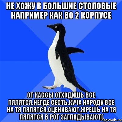 не хожу в большие столовые например как во 2 корпусе от кассы отходишь все пялятся.негде сесть.куча народу все на тя пялятся,оценивают,жрешь на тя пялятся в рот заглядывают(, Мем  Социально-неуклюжий пингвин