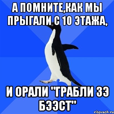 а помните,как мы прыгали с 10 этажа, и орали "грабли зэ бээст", Мем  Социально-неуклюжий пингвин