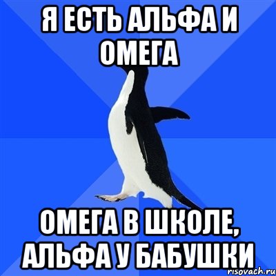 я есть альфа и омега омега в школе, альфа у бабушки, Мем  Социально-неуклюжий пингвин