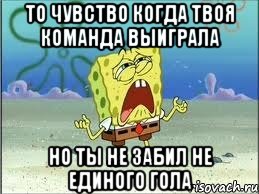 То чувство когда твоя команда выиграла Но ты не забил не единого гола, Мем Спанч Боб плачет