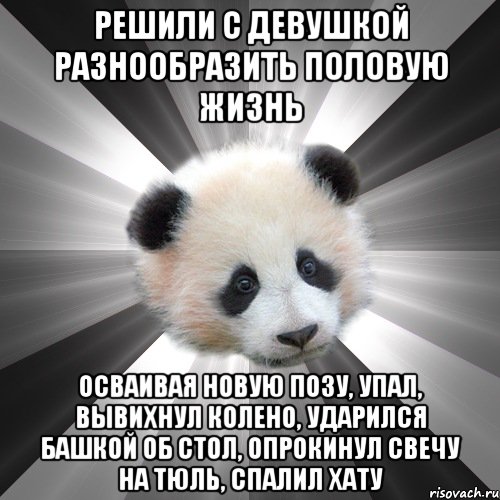 решили с девушкой разнообразить половую жизнь осваивая новую позу, упал, вывихнул колено, ударился башкой об стол, опрокинул свечу на тюль, спалил хату, Мем Стыдливая сожалеющая панда  Regr