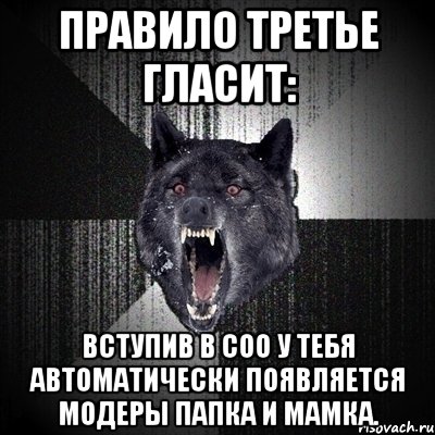 правило третье гласит: вступив в соо у тебя автоматически появляется модеры папка и мамка., Мем Сумасшедший волк