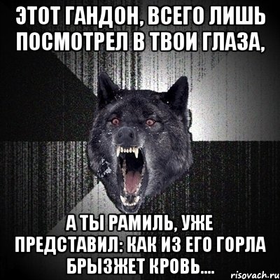 ЭТОТ ГАНДОН, ВСЕГО ЛИШЬ ПОСМОТРЕЛ В ТВОИ ГЛАЗА, А ТЫ РАМИЛЬ, УЖЕ ПРЕДСТАВИЛ: КАК ИЗ ЕГО ГОРЛА БРЫЗЖЕТ КРОВЬ...., Мем Сумасшедший волк