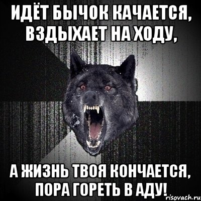 ИДЁТ БЫЧОК КАЧАЕТСЯ, ВЗДЫХАЕТ НА ХОДУ, А ЖИЗНЬ ТВОЯ КОНЧАЕТСЯ, ПОРА ГОРЕТЬ В АДУ!, Мем Сумасшедший волк