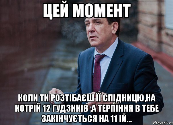 цей момент коли ти розтібаєш її спідницю,на котрій 12 гудзиків ,а терпіння в тебе закінчується на 11 ій...