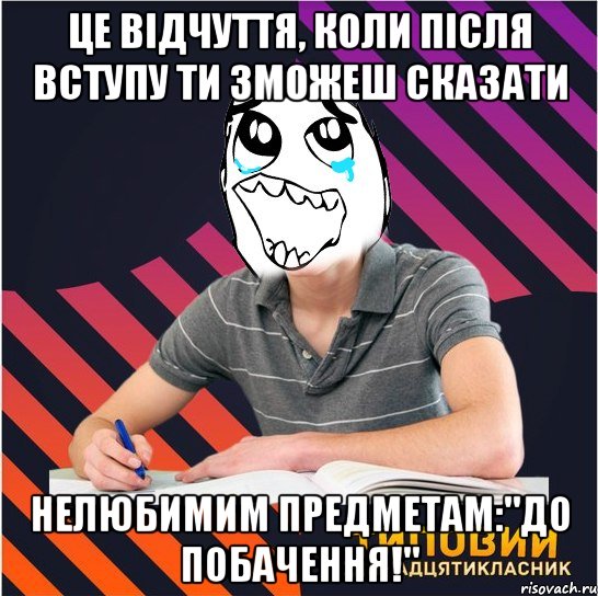 Це відчуття, коли після вступу ти зможеш сказати нелюбимим предметам:"До побачення!", Мем Типовий одинадцятикласник