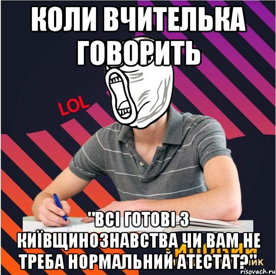 Коли вчителька говорить "всі готові з київщинознавства чи вам не треба нормальний атестат?"