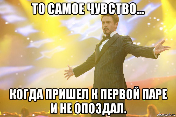 То самое чувство... Когда пришел к первой паре и не опоздал., Мем Тони Старк (Роберт Дауни младший)