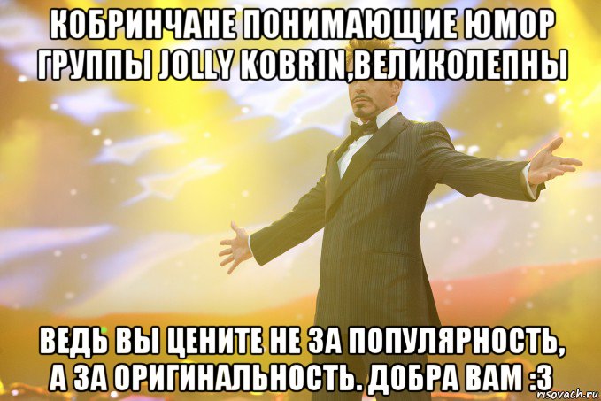 Кобринчане понимающие юмор группы Jolly Kobrin,великолепны Ведь вы цените не за популярность, а за оригинальность. Добра вам :3, Мем Тони Старк (Роберт Дауни младший)