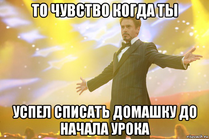 То чувство когда ты успел списать домашку до начала урока, Мем Тони Старк (Роберт Дауни младший)