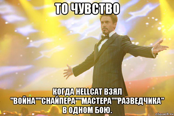 То чувство Когда Hellcat взял "Война""Снайпера""Мастера""Разведчика" в одном бою., Мем Тони Старк (Роберт Дауни младший)