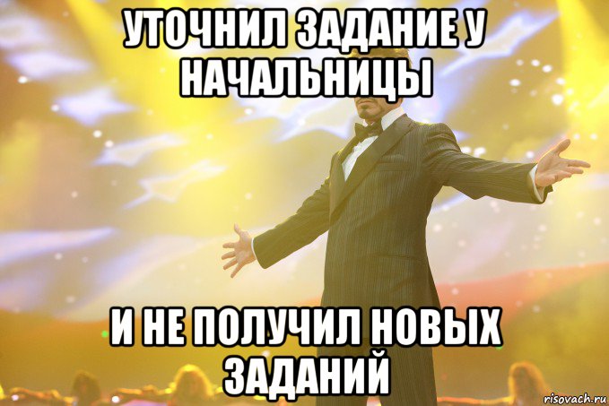 уточнил задание у начальницы и не получил новых заданий, Мем Тони Старк (Роберт Дауни младший)