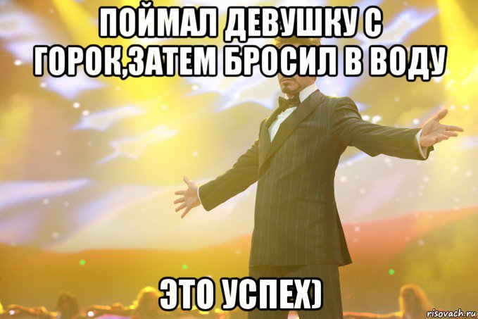 Поймал девушку с горок,затем бросил в воду Это успех), Мем Тони Старк (Роберт Дауни младший)