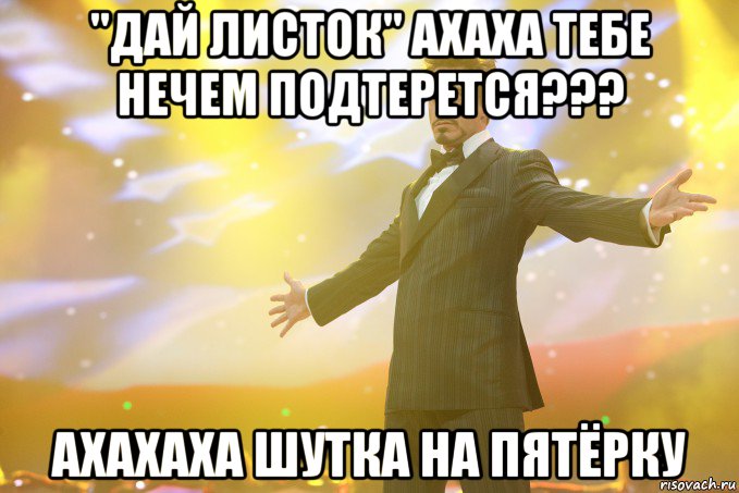 "Дай листок" ахаха тебе нечем подтерется??? ахахаха шутка на пятёрку, Мем Тони Старк (Роберт Дауни младший)