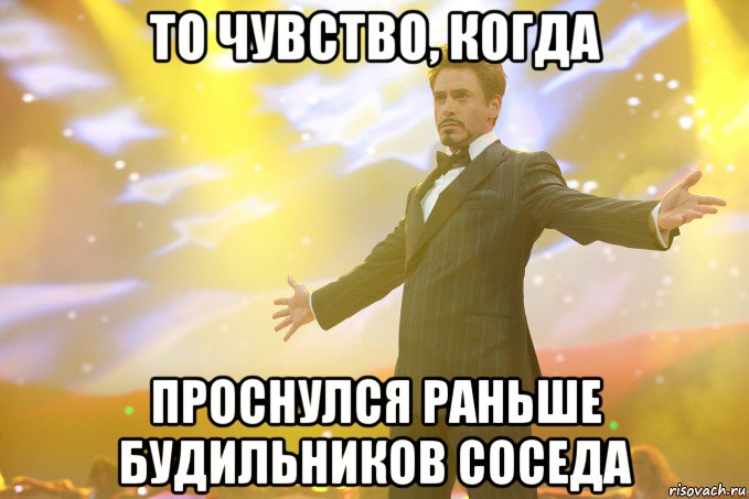 ТО ЧУВСТВО, КОГДА ПРОСНУЛСЯ РАНЬШЕ БУДИЛЬНИКОВ СОСЕДА, Мем Тони Старк (Роберт Дауни младший)