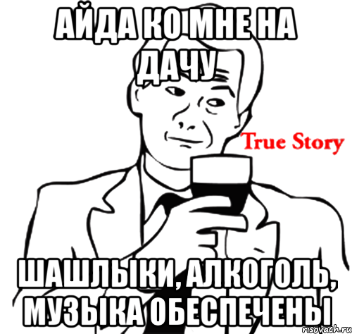 Айда ко мне на дачу Шашлыки, алкоголь, музыка обеспечены, Мем true story