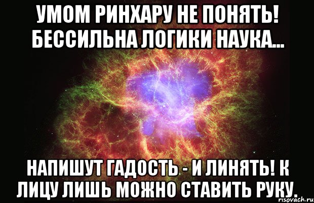 Умом РинХару не понять! Бессильна логики наука... Напишут гадость - и линять! К лицу лишь можно ставить руку., Мем Туманность