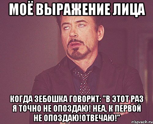 Моё выражение лица Когда Зебошка говорит: "В этот раз я точно не опоздаю! Неа, к первой не опоздаю!Отвечаю!", Мем твое выражение лица