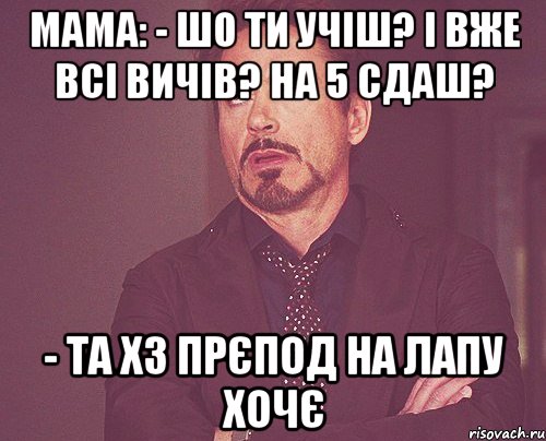 Мама: - Шо ти учіш? І вже всі вичів? На 5 сдаш? - Та хз прєпод на лапу хочє, Мем твое выражение лица