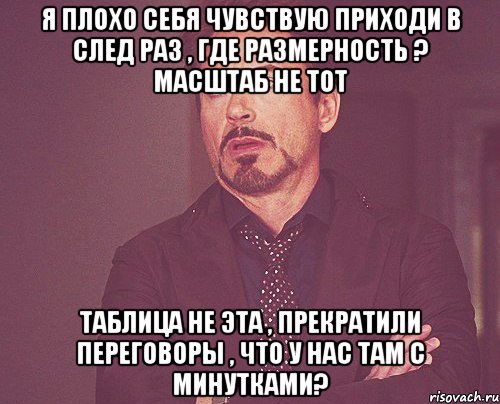 Я плохо себя чувствую приходи в след раз , где размерность ? масштаб не тот таблица не эта , прекратили переговоры , что у нас там с минутками?, Мем твое выражение лица