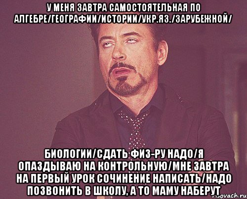 у меня завтра самостоятельная по алгебре/географии/истории/укр.яз./зарубежной/ биологии/сдать физ-ру надо/я опаздываю на контрольную/мне завтра на первый урок сочинение написать/надо позвонить в школу, а то маму наберут, Мем твое выражение лица