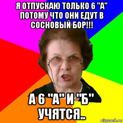 Я ОТПУСКАЮ ТОЛЬКО 6 "А" потому что они едут в сосновый бор!!! А 6 "А" и "Б" УЧЯТСЯ.., Мем Типичная училка