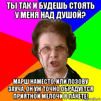 ТЫ ТАК И БУДЕШЬ СТОЯТЬ У МЕНЯ НАД ДУШОЙ? МАРШ НАМЕСТО, ИЛИ ПОЗОВУ ЗАУЧА, ОН УЖ ТОЧНО ОБРАДУЕТСЯ ПРИЯТНОЙ МЕЛОЧИ В ПАКЕТЕ!, Мем Типичная училка