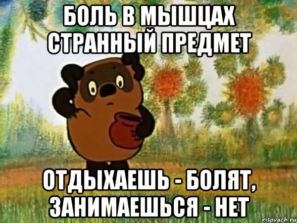 Боль в мышцах странный предмет отдыхаешь - болят, занимаешься - нет, Мем Винни пух чешет затылок