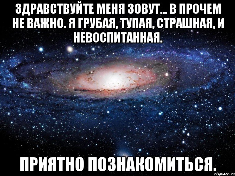 Здравствуйте Меня зовут... В прочем не важно. Я грубая, Тупая, Страшная, И невоспитанная. Приятно познакомиться., Мем Вселенная