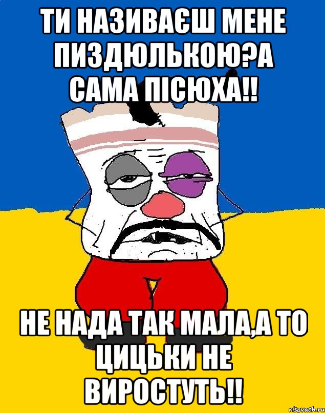 Ти називаєш мене пиздюлькою?А сама пісюха!! не нада так мала,а то цицьки не виростуть!!