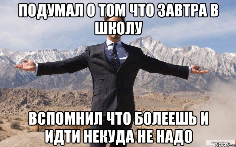 подумал о том что завтра в школу вспомнил что болеешь и идти некуда не надо, Мем железный человек