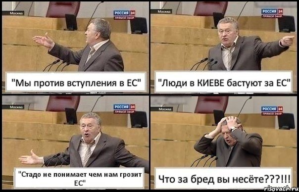 "Мы против вступления в ЕС" "Люди в КИЕВЕ бастуют за ЕС" "Стадо не понимает чем нам грозит ЕС" Что за бред вы несёте???!!!, Комикс Жирик в шоке хватается за голову