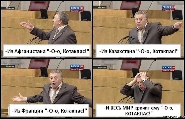 -Из Афганистана "-О-о, Котакпас!" -Из Казахстана "-О-о, Котакпас!" -Из Франции "-О-о, Котакпас!" -И ВЕСЬ МИР кричит ему "-О-о, КОТАКПАС!", Комикс Жирик в шоке хватается за голову