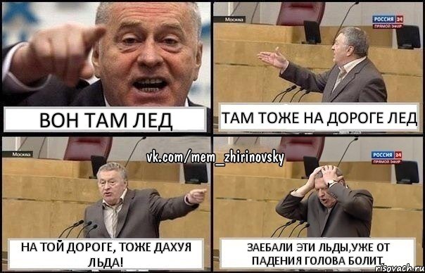 Вон там лед Там тоже на дороге лед На той дороге, тоже дахуя льда! Заебали эти льды,уже от падения голова болит., Комикс Жирик